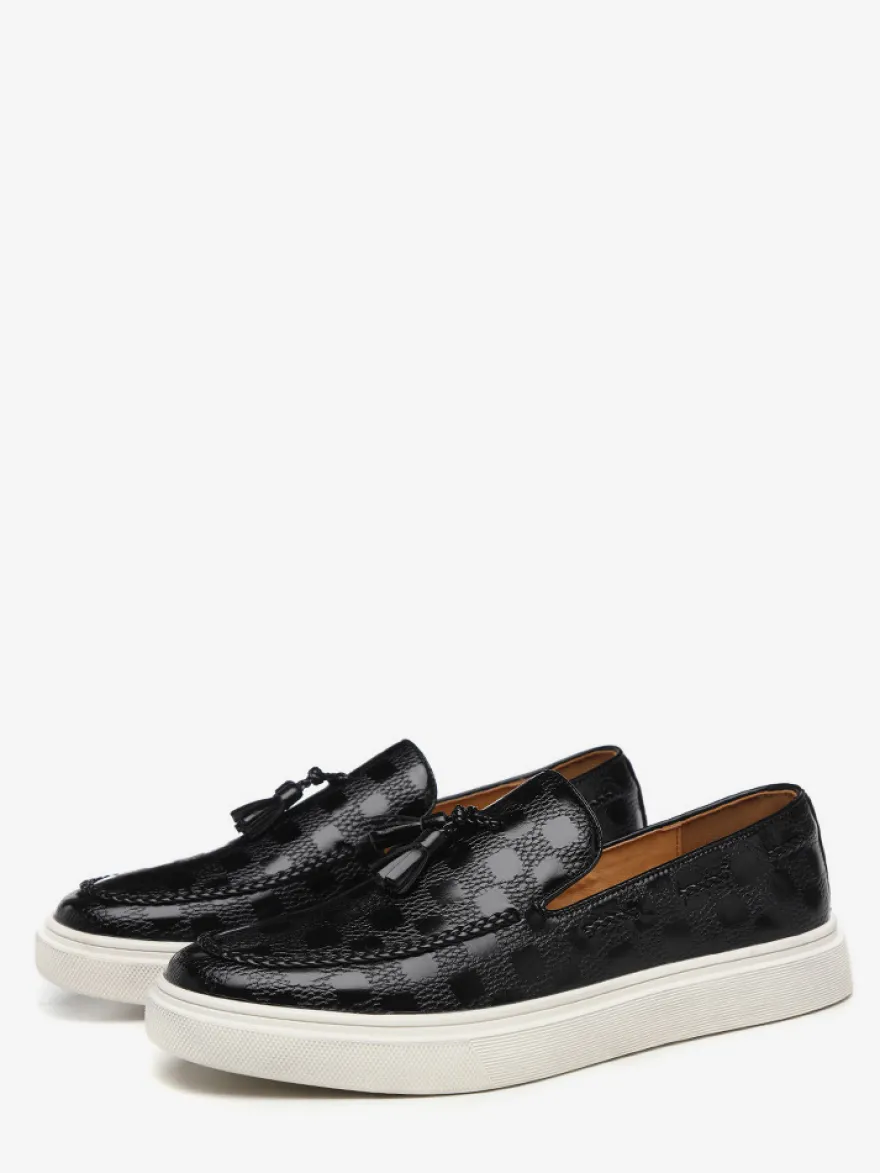 Mocassins à pampilles pour hommes motif écossais en cuir à enfiler à pampilles bout rond semelle basse chaussures épaisses