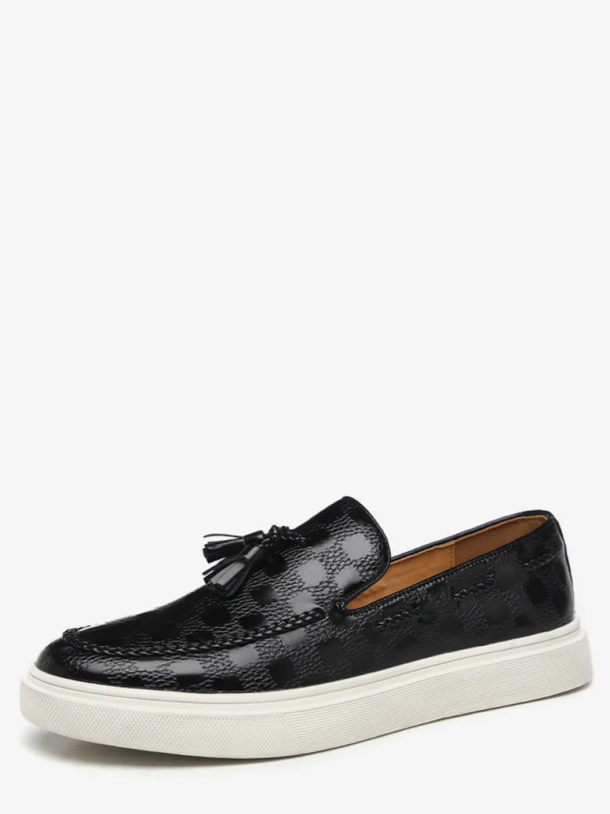 Mocassins à pampilles pour hommes motif écossais en cuir à enfiler à pampilles bout rond semelle basse chaussures épaisses