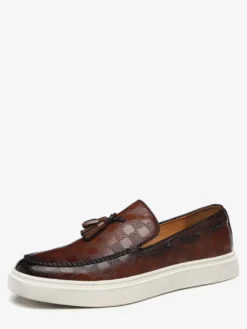 Mocassins à pampilles pour hommes motif écossais en cuir à enfiler à pampilles bout rond semelle basse chaussures épaisses