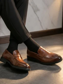 Mocassins penny pour hommes bout rond chaussures habillées à enfiler