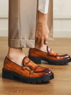 Mocassins pour hommes à double boucle à enfiler à plateforme antidérapante chaussures épaisses