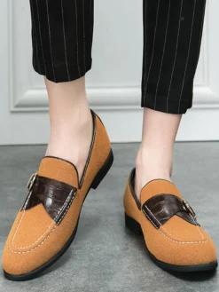 Mocassins pour hommes en daim bout rond boucle chaussures à enfiler