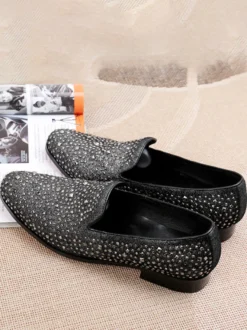 Mocassins à rivets et paillettes pour homme chaussures de mariage de bal à enfiler en cuir et à bout pointu