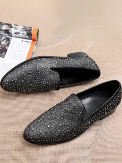 Mocassins à rivets et paillettes pour homme chaussures de mariage de bal à enfiler en cuir et à bout pointu
