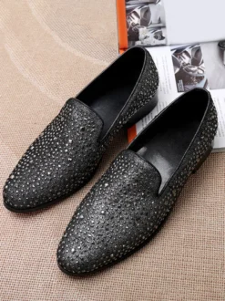 Mocassins à rivets et paillettes pour homme chaussures de mariage de bal à enfiler en cuir et à bout pointu