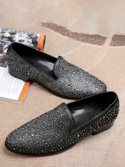 Mocassins à rivets et paillettes pour homme chaussures de mariage de bal à enfiler en cuir et à bout pointu