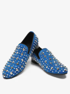 Mocassins à rivets pour homme en cuir de vache bleu à enfiler et à pointes pour bal de promo et mariage