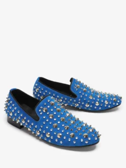 Mocassins à rivets pour homme en cuir de vache bleu à enfiler et à pointes pour bal de promo et mariage