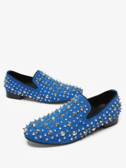 Mocassins à rivets pour homme en cuir de vache bleu à enfiler et à pointes pour bal de promo et mariage