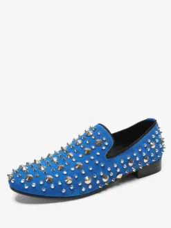 Mocassins à rivets pour homme en cuir de vache bleu à enfiler et à pointes pour bal de promo et mariage