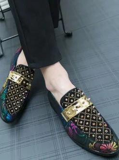 Mocassins à rivets pour hommes chaussures en daim à imprimé épissure bout rond talons bas chaussures de bal