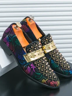 Mocassins à rivets pour hommes chaussures en daim à imprimé épissure bout rond talons bas chaussures de bal