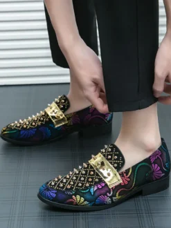 Mocassins à rivets pour hommes chaussures en daim à imprimé épissure bout rond talons bas chaussures de bal