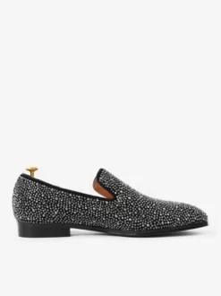 Mocassins à rivets pour hommes en daim argenté avec strass et cristaux chaussures à enfiler pour bal de promo mariage