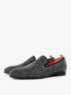 Mocassins à rivets pour hommes en daim argenté avec strass et cristaux chaussures à enfiler pour bal de promo mariage