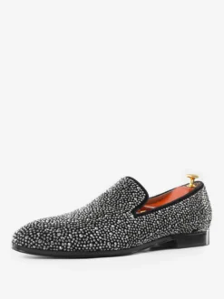Mocassins à rivets pour hommes en daim argenté avec strass et cristaux chaussures à enfiler pour bal de promo mariage