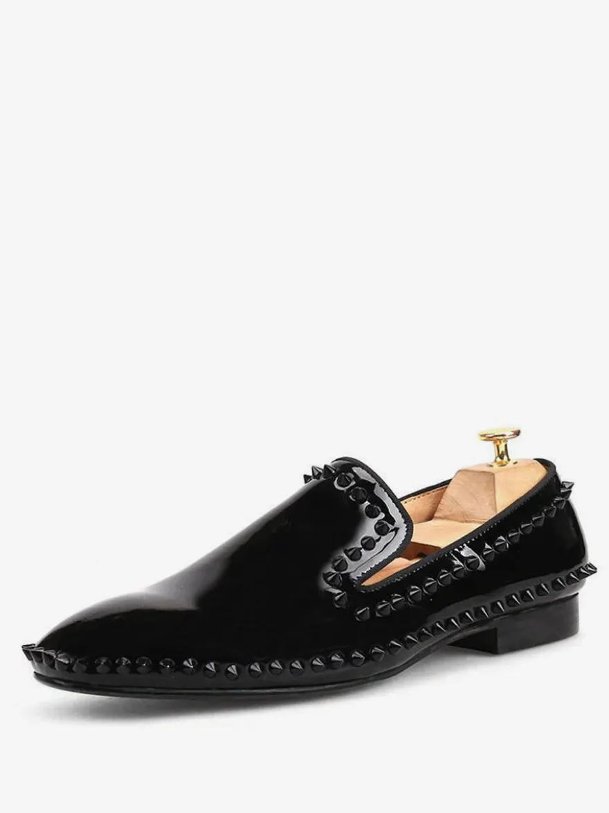 Mocassins à rivets pour hommes chaussures à enfiler bout rond en cuir verni pour bal de promo mariage