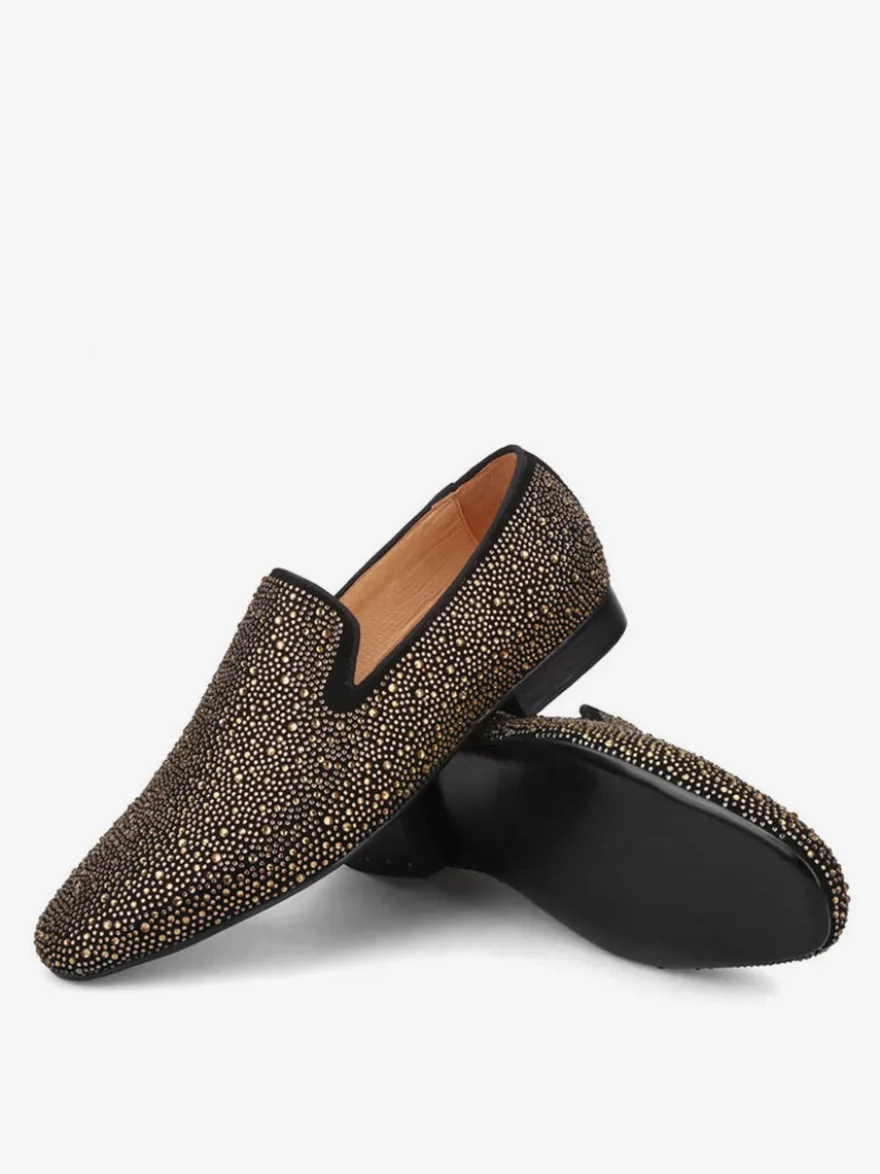 Mocassins à rivets pour hommes chaussures de soirée en daim doré avec strass chaussures à enfiler pour bal de promo mariage