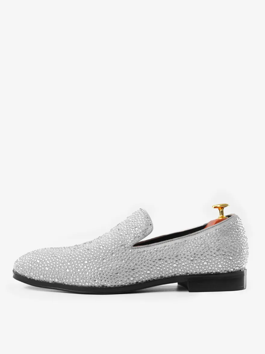 Mocassins à rivets pour hommes chaussures en daim blanc froid avec strass et cristaux chaussures à enfiler pour bal de promo mariage