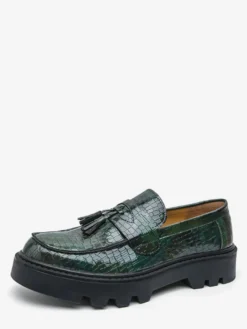 Mocassins verts pour hommes bout rond motif pierre chaussures habillées à enfiler avec pompons
