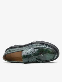 Mocassins verts pour hommes bout rond motif pierre chaussures habillées à enfiler avec pompons