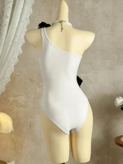 Monokini une pièce à fleurs 3D asymétrique échancré à la taille et décolleté plongeant