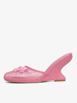 Mules compensées en maille pour femmes bout rond fleurs sans talon