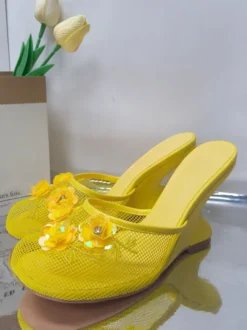 Mules compensées en maille pour femmes bout rond fleurs sans talon