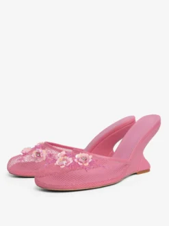 Mules compensées en maille pour femmes bout rond fleurs sans talon