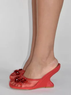 Mules compensées en maille pour femmes bout rond fleurs sans talon