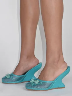 Mules compensées en maille pour femmes bout rond fleurs sans talon