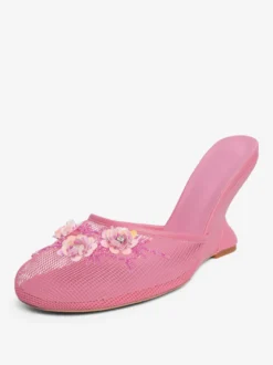 Mules compensées en maille pour femmes bout rond fleurs sans talon