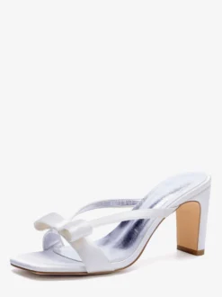 Mules de mariée à talons hauts bout ouvert nœud chaussures de mariage à talon compensé