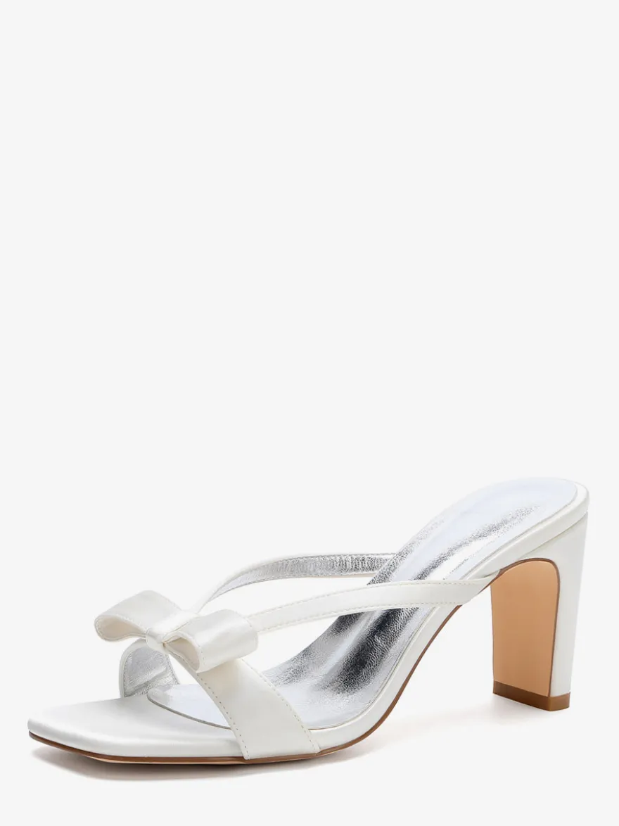 Mules de mariée à talons hauts bout ouvert nœud chaussures de mariage à talon compensé