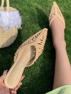Mules plates à bout pointu pour femme sandales de plage dos nu en canne