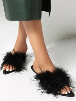 Mules à talon chaton sandales dos nu à détails plumes