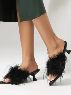 Mules à talon chaton sandales dos nu à détails plumes