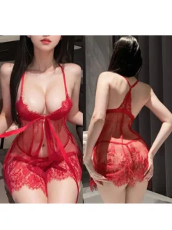 Nuisette Babydoll en dentelle rouge transparente robe gainante lingerie nuisette