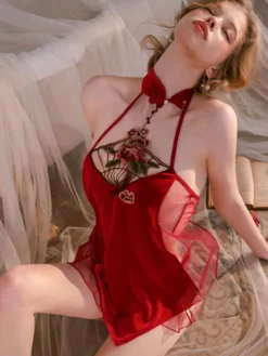 Nuisette en dentelle bordeaux à broderies florales et dos nu en tulle transparent