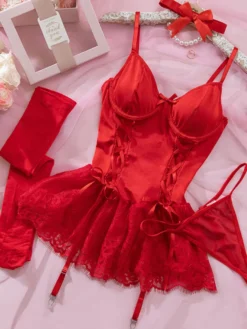 Nuisette en dentelle rose dos nu pour femme