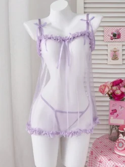 Nuisette en tulle transparent à volants et nœud papillon avec string intégré