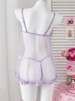 Nuisette en tulle transparent à volants et nœud papillon avec string intégré
