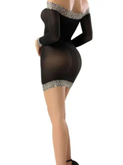 Nuisette Lingerie Sexy Femme Moulante Imprimé Léopard Transparente avec Manches Longues Coupe Cintrée Bicolores Robe Sexy