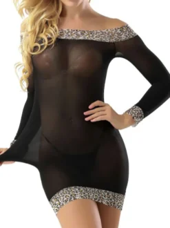 Nuisette Lingerie Sexy Femme Moulante Imprimé Léopard Transparente avec Manches Longues Coupe Cintrée Bicolores Robe Sexy