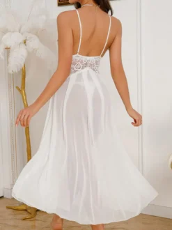 Nuisette longue blanche plissée en tulle crocheté lingerie de mariée