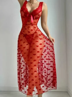 Nuisette longue bordeaux en dentelle dos nu dentelle transparente à imprimé cœur style babydoll lingerie sexy