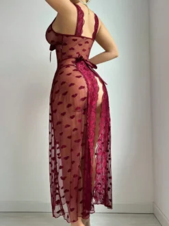 Nuisette longue bordeaux en dentelle dos nu dentelle transparente à imprimé cœur style babydoll lingerie sexy