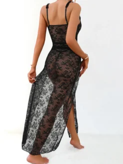Nuisette longue noire à fleurs robe maxi en tulle transparent fendue dentelle lingerie sexy
