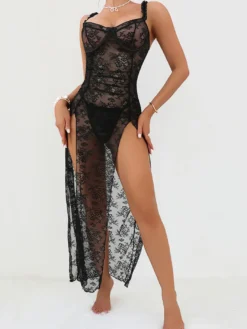 Nuisette longue noire à fleurs robe maxi en tulle transparent fendue dentelle lingerie sexy