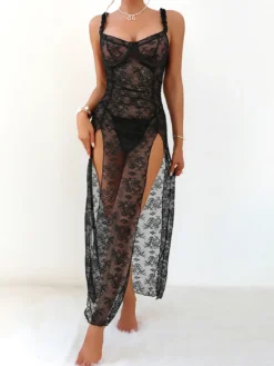 Nuisette longue noire à fleurs robe maxi en tulle transparent fendue dentelle lingerie sexy